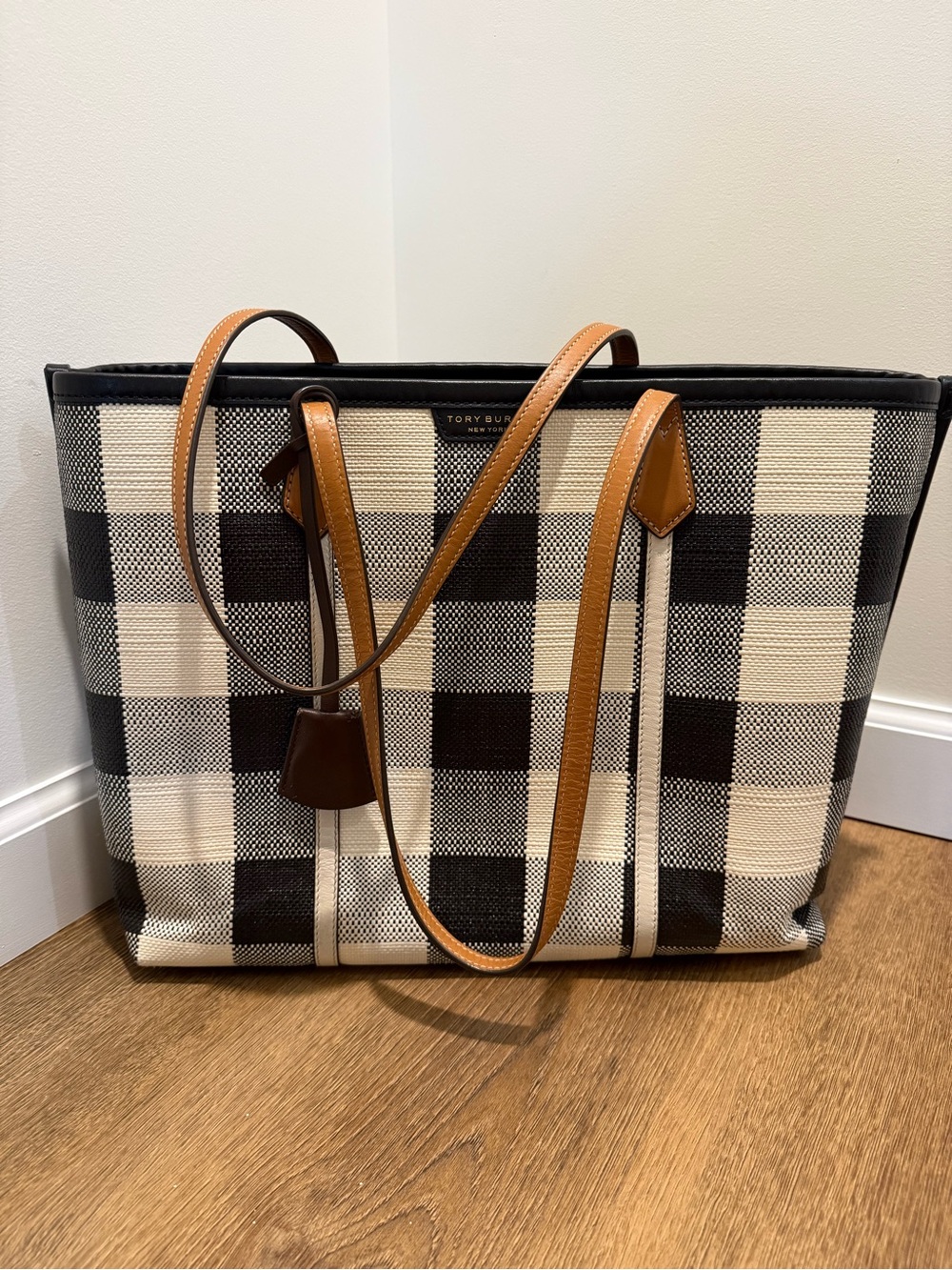 Tory Burch Black and White Buffalo Check Canvas Tote with Tan Leather Handles